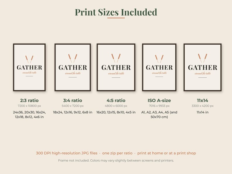 May include: A digital print guide titled Print Sizes Included, displaying five identical posters with the text GATHER around the table and two wheat stalks. It lists ratios 2:3, 3:4, 4:5, ISO A-size, and 11x14 with corresponding pixel and inch dimensions.