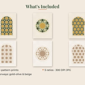 May include: A set of six digital art prints featuring geometric star patterns in gold, olive, and beige colorways. The designs include arched and circular frames. Text reads: What's Included, 3 star-pattern prints, 5 ratios, 300 DPI JPG, 2 colorways: gold-olive & beige.