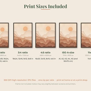 May include: A digital graphic displaying five identical landscape art prints featuring layered mountains in shades of brown and a circular sun. Text lists print sizes including 2:3, 3:4, 4:5 ratios, ISO A-sizes, and 11x14 inches, with 300 DPI resolution.