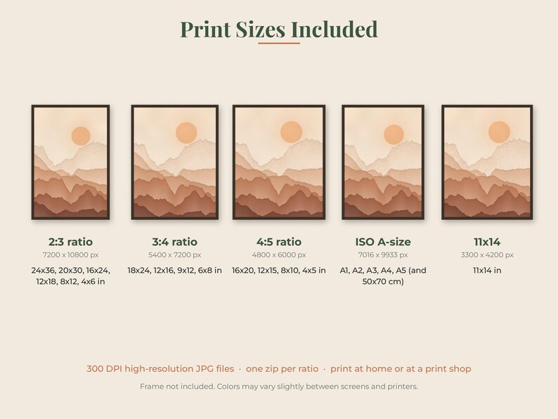 May include: A digital graphic displaying five identical landscape art prints featuring layered mountains in shades of brown and a circular sun. Text lists print sizes including 2:3, 3:4, 4:5 ratios, ISO A-sizes, and 11x14 inches, with 300 DPI resolution.