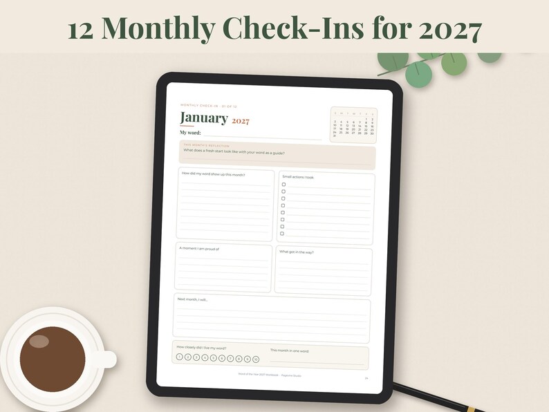 May include: A digital tablet displaying a January 2027 monthly check-in planner page with lined sections for reflection, a small calendar, and a progress tracker. The text 12 Monthly Check-Ins for 2027 is visible at the top of the screen.