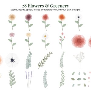 May include: A digital collection titled 28 Flowers & Greenery, Stems, heads, sprigs, leaves and petals to build your own designs. The set features watercolor-style illustrations of various flowers, foliage, branches, and small petal elements.