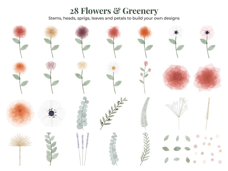 May include: A digital collection titled 28 Flowers & Greenery, Stems, heads, sprigs, leaves and petals to build your own designs. The set features watercolor-style illustrations of various flowers, foliage, branches, and small petal elements.
