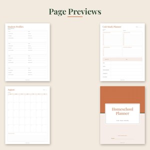 May include: A collection of four printable planner pages featuring a Student Profiles sheet, a Unit Study Planner, an August calendar, and a cover page titled Homeschool Planner. The designs use a neutral color palette with terracotta accents.