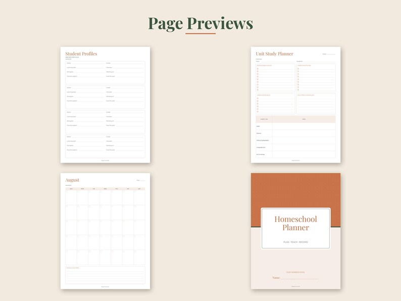 May include: A collection of four printable planner pages featuring a Student Profiles sheet, a Unit Study Planner, an August calendar, and a cover page titled Homeschool Planner. The designs use a neutral color palette with terracotta accents.