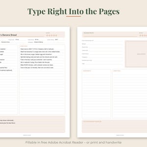 May include: Two white digital recipe card templates with soft peach accents. The left page features a filled-out recipe for Grandma's Banana Bread with ingredients and directions. The right page is a blank template with fields for notes and a photo.