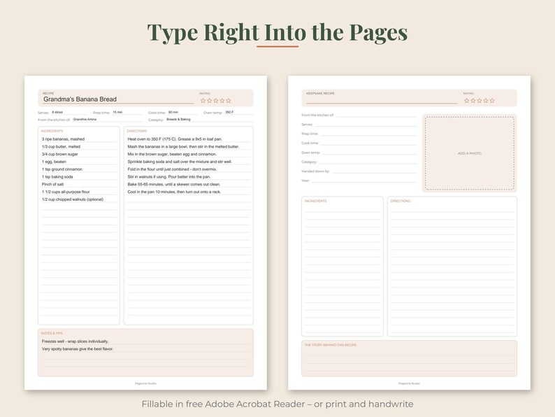 May include: Two white digital recipe card templates with soft peach accents. The left page features a filled-out recipe for Grandma's Banana Bread with ingredients and directions. The right page is a blank template with fields for notes and a photo.