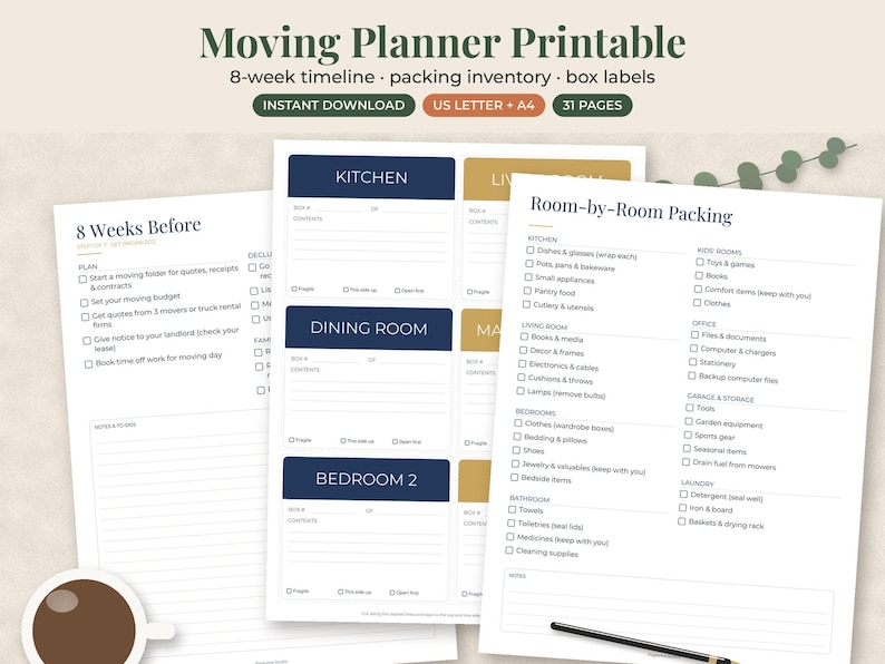 May include: A digital moving planner printable set featuring an 8-week timeline, packing inventory, and box labels. The pages include checklists for kitchen, living room, and bedroom organization with text headers like 8 Weeks Before and Room-by-Room Packing.