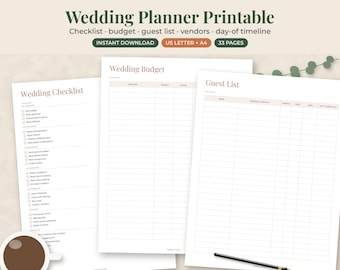 Wedding Planner Printable, 45 Page Binder, Checklist, Budget, Guest List, Timeline