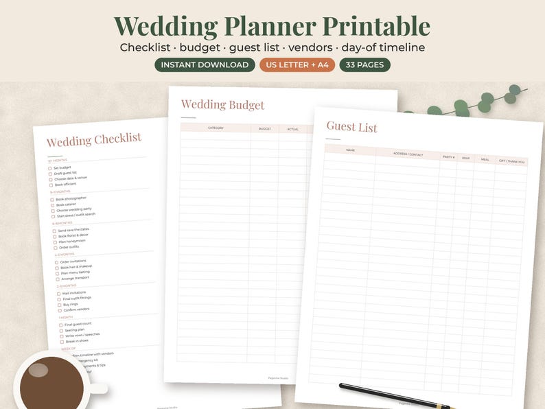 May include: A 33-page wedding planner printable set featuring a Wedding Checklist, Wedding Budget, and Guest List. The documents are white with dark text and include US Letter and A4 size options. The header reads Wedding Planner Printable.