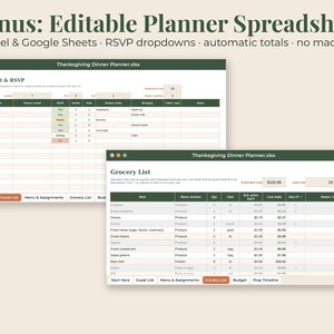 May include: An editable Thanksgiving dinner planner spreadsheet for Excel and Google Sheets. The interface features dark green headers, white cells, and tabs for Guest List, RSVP, Menu, Grocery List, and Budget. Text includes Thanksgiving Dinner Planner.xlsx.