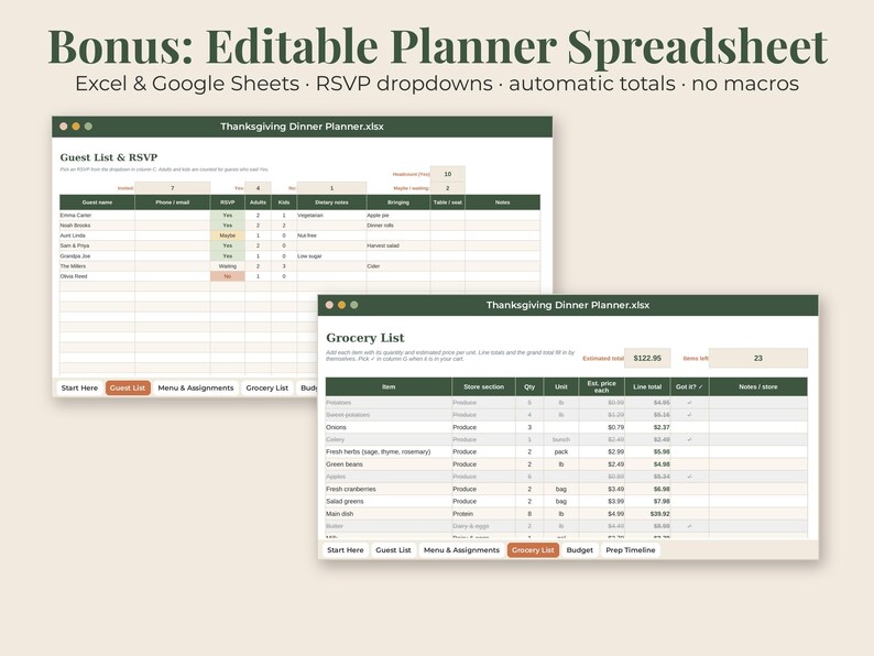 May include: An editable Thanksgiving dinner planner spreadsheet for Excel and Google Sheets. The interface features dark green headers, white cells, and tabs for Guest List, RSVP, Menu, Grocery List, and Budget. Text includes Thanksgiving Dinner Planner.xlsx.