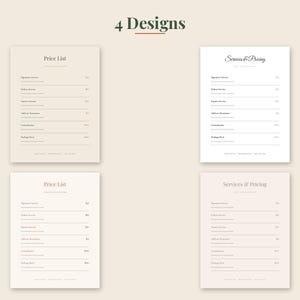 May include: Four rectangular price list templates arranged in a grid. Each template features a header, a list of services with horizontal lines, and placeholder text. The designs use varying neutral color palettes and typography styles.