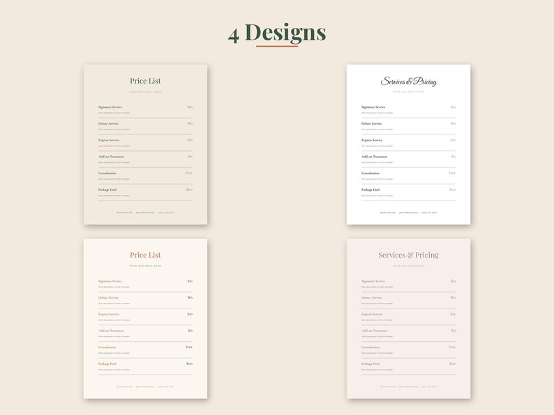 May include: Four rectangular price list templates arranged in a grid. Each template features a header, a list of services with horizontal lines, and placeholder text. The designs use varying neutral color palettes and typography styles.