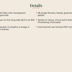 May include: A digital product information list titled Details, featuring 40 PNG files with transparent backgrounds, 2500 px on the long side, 8.3 inches at 300 DPI, 5 bouquets, 3 wreaths, 2 swags, 2 corner pieces, 28 single flowers, greenery, and petals.