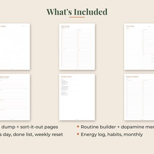 May include: Six white digital planner pages with dark text headings including Brain Dump, Sort It Out, Focus Day, Dopamine Menu, Weekly Reset, and Routine Builder. The layout features lined sections, checklists, and structured planning fields.