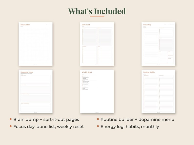 May include: Six white digital planner pages with dark text headings including Brain Dump, Sort It Out, Focus Day, Dopamine Menu, Weekly Reset, and Routine Builder. The layout features lined sections, checklists, and structured planning fields.