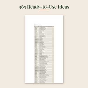 May include: A vertical document titled 365 Ready-to-Use Ideas featuring a long, narrow table with multiple rows and columns. The table contains text entries organized in a list format, presented on a white background with a light beige border.
