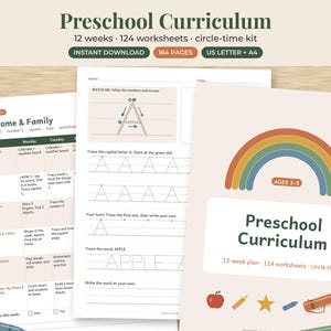 May include: A preschool curriculum set featuring 124 worksheets and a 12-week plan. The pages include a weekly schedule titled My Home & Family, a letter tracing worksheet for the letter A, and a cover page with a rainbow graphic and the text Preschool Curriculum, Ages 3-5, 12-week plan, 124 worksheets, circle time.