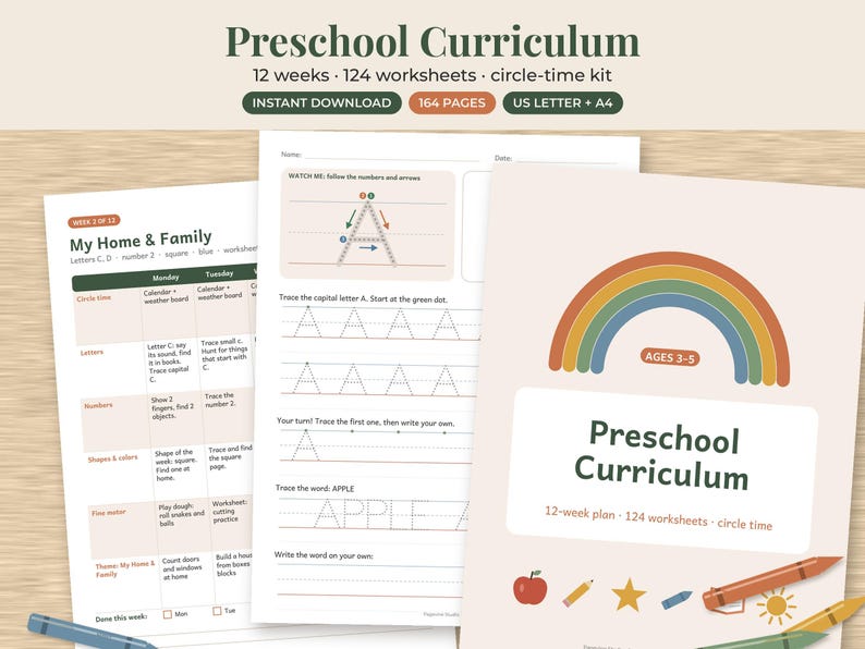 May include: A preschool curriculum set featuring 124 worksheets and a 12-week plan. The pages include a weekly schedule titled My Home & Family, a letter tracing worksheet for the letter A, and a cover page with a rainbow graphic and the text Preschool Curriculum, Ages 3-5, 12-week plan, 124 worksheets, circle time.
