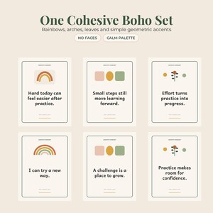 May include: A set of six rectangular wall art prints featuring a growth mindset theme. Each print displays a unique graphic, such as rainbows, geometric shapes, or plants, alongside motivational text like Hard today can feel easier after practice.