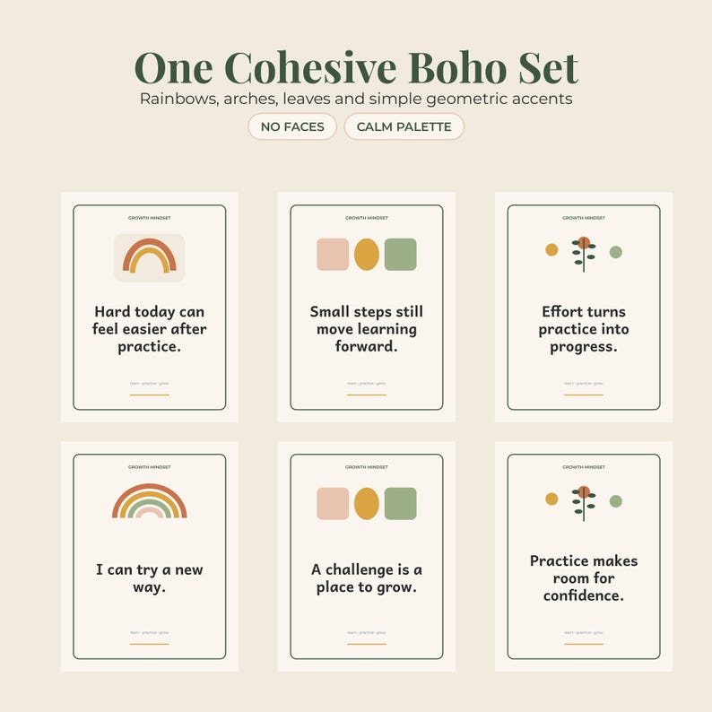 May include: A set of six rectangular wall art prints featuring a growth mindset theme. Each print displays a unique graphic, such as rainbows, geometric shapes, or plants, alongside motivational text like Hard today can feel easier after practice.