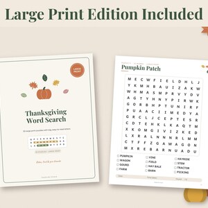 May include: A Thanksgiving word search puzzle book featuring a cover with a pumpkin illustration and the text 'Thanksgiving Word Search'. The interior page displays a 'Pumpkin Patch' grid with a list of words to find, including pumpkin, vine, and hayride.
