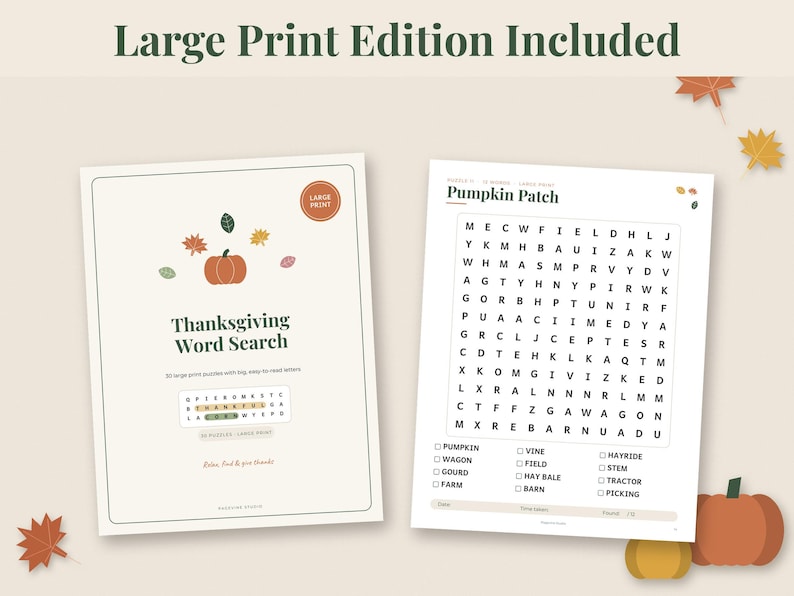 May include: A Thanksgiving word search puzzle book featuring a cover with a pumpkin illustration and the text 'Thanksgiving Word Search'. The interior page displays a 'Pumpkin Patch' grid with a list of words to find, including pumpkin, vine, and hayride.