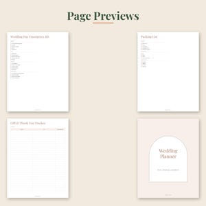 May include: Four white pages of a wedding planner organizer with black text. The pages include a Wedding Day Emergency Kit, a Packing List, a Gift and Thank You Tracker, and a cover page featuring an arch graphic and the text Wedding Planner.