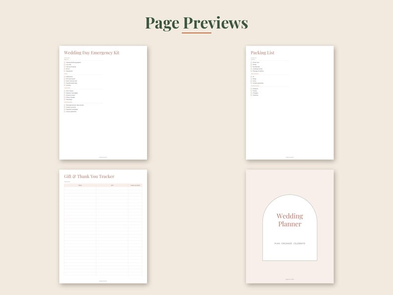 May include: Four white pages of a wedding planner organizer with black text. The pages include a Wedding Day Emergency Kit, a Packing List, a Gift and Thank You Tracker, and a cover page featuring an arch graphic and the text Wedding Planner.