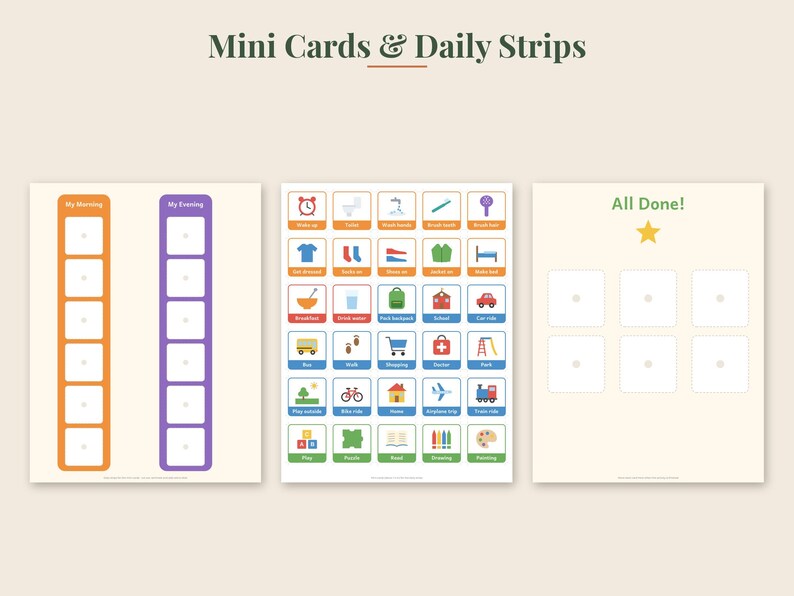 May include: A set of printable sheets titled Mini Cards & Daily Strips. The first sheet features orange and purple vertical columns for morning and evening tasks. The second sheet contains a grid of colorful icons with text labels. The third sheet is labeled All Done! with a yellow star and six blank squares.