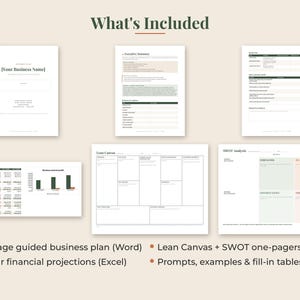 May include: A collection of business planning documents including a cover page with Your Business Name, an executive summary, financial projections, a Lean Canvas, and a SWOT analysis. The pages feature tables, charts, and text prompts.