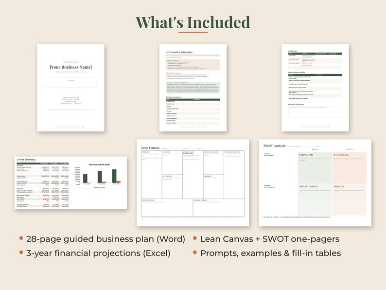 May include: A collection of business planning documents including a cover page with Your Business Name, an executive summary, financial projections, a Lean Canvas, and a SWOT analysis. The pages feature tables, charts, and text prompts.