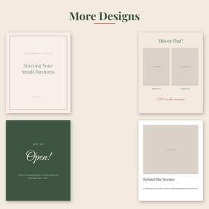 Peut inclure: Une collection de quatre mod&egrave;les pour r&eacute;seaux sociaux avec le titre More Designs. Les mod&egrave;les pr&eacute;sentent du texte incluant A Beginner's Guide to Starting Your Small Business, This or That, We're Open et Behind the Scenes en diverses mises en page.