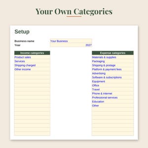 May include: A digital spreadsheet template titled Your Own Categories with a Setup section for Business name and Year. It features two columns for Income categories and Expense categories, listing items like Product sales, Services, and Advertising.