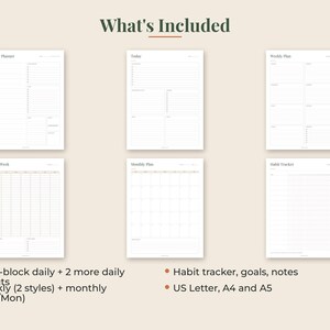 May include: A set of six white planner pages featuring black text and grid lines. The layouts include a Daily Planner, Today, Weekly Plan, This Week, Monthly Plan, and Habit Tracker. Text at the bottom lists features: Time-block daily, 2 more daily layouts, Weekly 2 styles, monthly Sun/Mon, Habit tracker, goals, notes, and US Letter, A4 and A5 sizes.