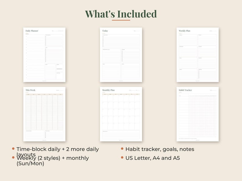 May include: A set of six white planner pages featuring black text and grid lines. The layouts include a Daily Planner, Today, Weekly Plan, This Week, Monthly Plan, and Habit Tracker. Text at the bottom lists features: Time-block daily, 2 more daily layouts, Weekly 2 styles, monthly Sun/Mon, Habit tracker, goals, notes, and US Letter, A4 and A5 sizes.