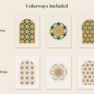 May include: Six rectangular wall art prints arranged in two rows. The top row features gold and olive geometric star patterns within arched and circular frames. The bottom row displays neutral beige versions of the same geometric designs.