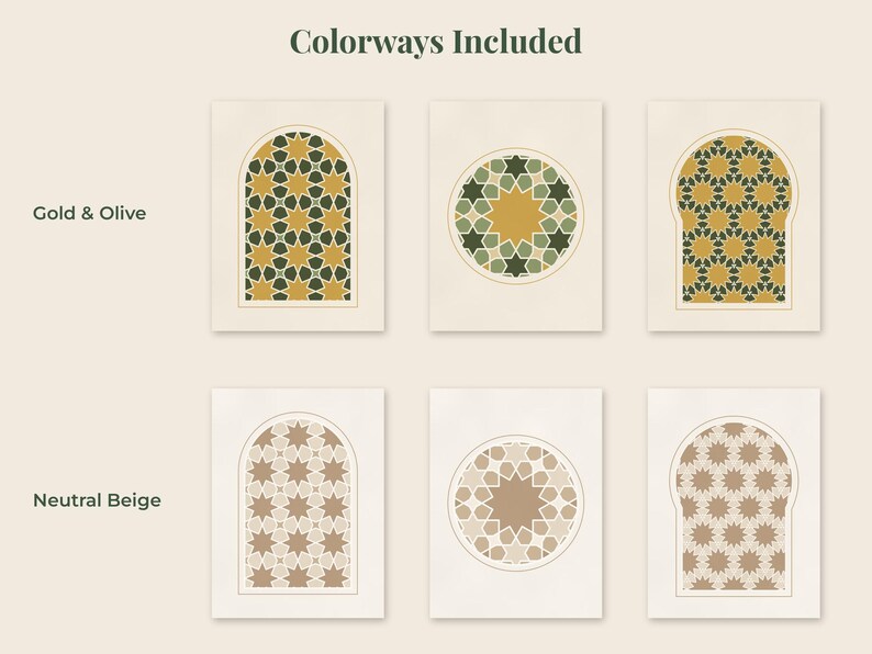 May include: Six rectangular wall art prints arranged in two rows. The top row features gold and olive geometric star patterns within arched and circular frames. The bottom row displays neutral beige versions of the same geometric designs.