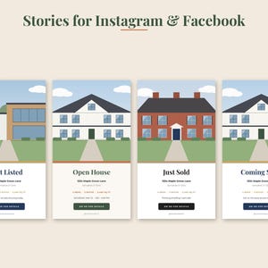 May include: Four digital templates for Instagram and Facebook stories featuring real estate listings. Each template displays a house illustration, property address, room count, square footage, and buttons labeled Just Listed, Open House, Just Sold, and Coming Soon.
