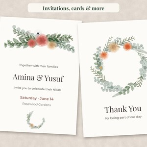 May include: A white wedding invitation and a matching thank you card featuring watercolor floral illustrations of orange and yellow flowers with green eucalyptus leaves. The invitation text reads Amina & Yusuf, invite you to celebrate their Nikah, Saturday, June 14, Rosewood Gardens. The thank you card reads Thank You for being part of our day.