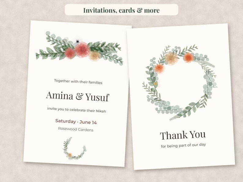 May include: A white wedding invitation and a matching thank you card featuring watercolor floral illustrations of orange and yellow flowers with green eucalyptus leaves. The invitation text reads Amina & Yusuf, invite you to celebrate their Nikah, Saturday, June 14, Rosewood Gardens. The thank you card reads Thank You for being part of our day.
