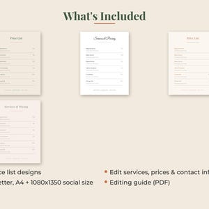 May include: Four digital price list templates with a neutral beige background and dark text. The documents feature headings like Price List and Services & Pricing, with lines for service descriptions and pricing. Text includes 4 price list designs, edit services, prices & contact info, US Letter, A4 + 1080x1350 social size, and editing guide (PDF).