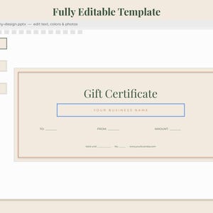 May include: A digital gift certificate template displayed in a software interface. The certificate features a beige background with a thin brown border, the text Gift Certificate, a placeholder for business name, and lines for to, from, and amount.
