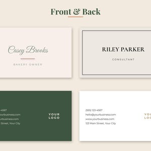 May include: Four rectangular business cards displayed in a grid. Two cards feature names and titles, Casey Brooks Bakery Owner and Riley Parker Consultant. Two cards show contact details, phone number, email, website, address, and a placeholder for a logo.