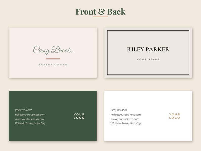 May include: Four rectangular business cards displayed in a grid. Two cards feature names and titles, Casey Brooks Bakery Owner and Riley Parker Consultant. Two cards show contact details, phone number, email, website, address, and a placeholder for a logo.
