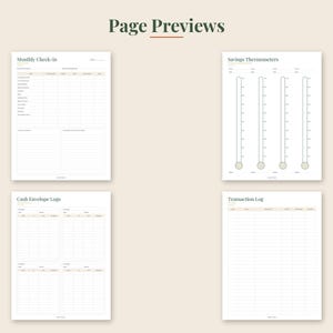 May include: Four white financial planning pages titled Page Previews. The pages include a Monthly Check-in, Savings Thermometers with four vertical scales, Cash Envelope Logs with four sections, and a Transaction Log with columns for date and amount.