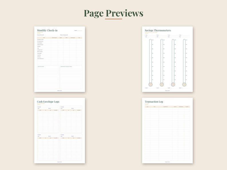 May include: Four white financial planning pages titled Page Previews. The pages include a Monthly Check-in, Savings Thermometers with four vertical scales, Cash Envelope Logs with four sections, and a Transaction Log with columns for date and amount.