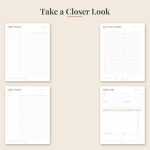 May include: Four white paper sheets with black text and grid lines. The top text reads Take a Closer Look. The sheets are labeled Habit Tracker, 2027 Year in Habits, and Habit Goals. Each sheet features columns and rows for tracking daily activities.