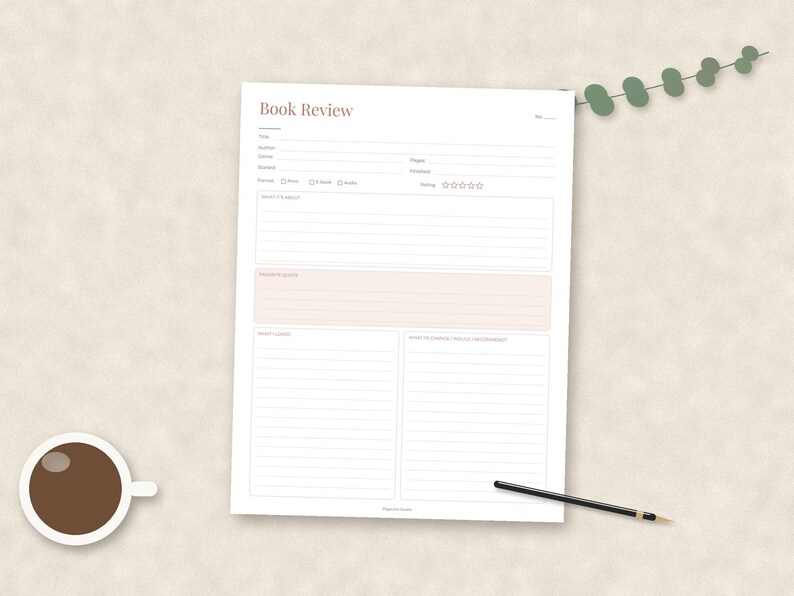 May include: A white paper book review template featuring the title Book Review, fields for author, genre, pages, started, finished, format, and rating. It includes sections for thoughts, favorite quotes, and what to remember, with a black pen nearby.